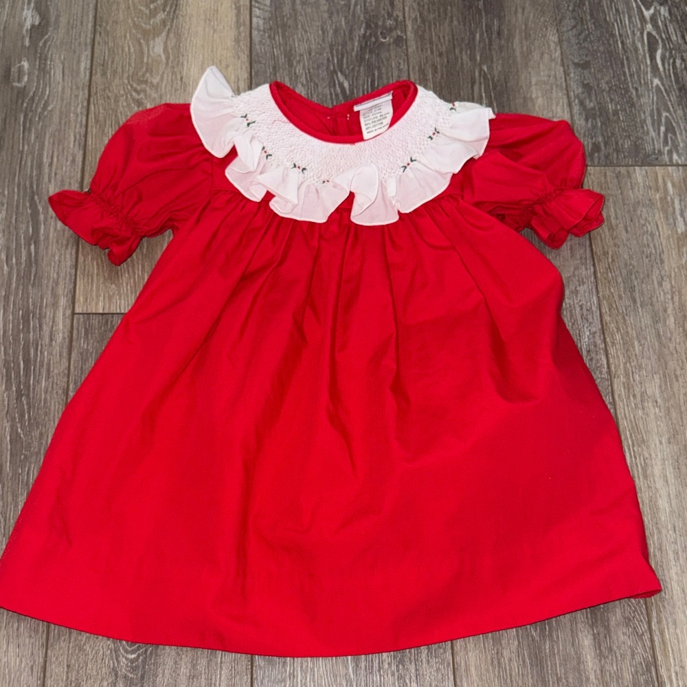 Petit Ami Red Dress with White smocked Collar